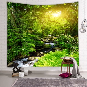 Detailed forest stream wall tapestry hanging on white brick wall in cozy room