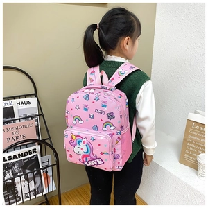 Detailed back view of pink unicorn toddler backpack with adjustable shoulder straps