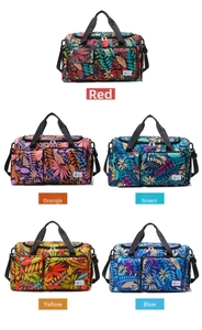 Waterproof travel totes in five tropical leaf prints with adjustable shoulder straps