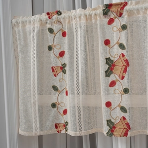 Christmas lace curtain with festive bell embroidery and scalloped edges for home decor