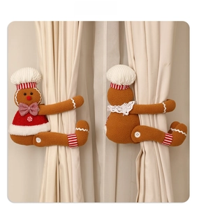 Plush gingerbread man curtain tiebacks with chef hats on cream curtains for Christmas