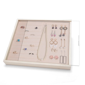 Solid wood jewelry display tray with beige compartments and a dust-proof glass cover