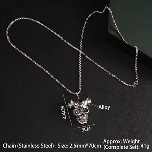 Gothic bull horn skull pendant with stainless steel square chain for dark punk style