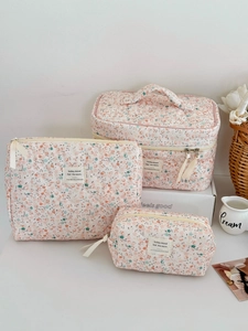 Borsa Per Trucco E Pochette In Velluto A Coste Trapuntato Floreale Organizzatore Da Viaggio Portatile Per Donne Stile Dolce