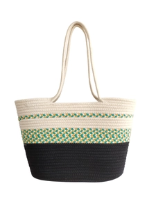 Handwoven tri-color cotton rope tote bag with geometric patterns for beach and leisure