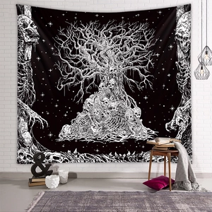 Gothic black and white tapestry featuring tree of life and skull design on brick wall