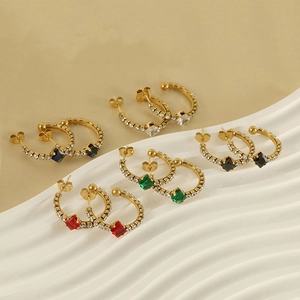 5 pairs of 18k gold plated stainless steel C-shape earrings with colorful square zircons