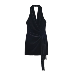 Vestito Mini In Velluto Scollo All'Americana Sexy Schiena Scoperta Aderente Con Nappe Senza Maniche Scollo A V Nero Party