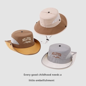 Close-up of lightweight kids sun hats with breathable mesh sides and adjustable wind cords