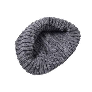 Winter wide ribbed knit beanie in dark grey wool blend for warmth and outdoor sports