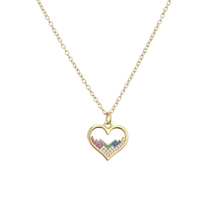 Collier plaqué or avec pendentif cœur ajouré orné de zircons multicolores sertis