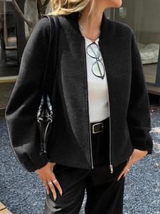 Giacca casual nera da donna con cerniera, collo alto e design dalla vestibilità ampia