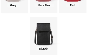 Selection of touchscreen mini phone bags in grey, dark pink, red, and black PU leather
