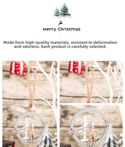 Detail of wooden Christmas ornament with cutout tree, reindeer and jute rope hanger