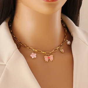 Stainless Steel Pendant Necklace Romantic Pink Bowknot Tulip Flower Butterfly Heart Faux Artificial Pearl Sweet Jewelry For Women