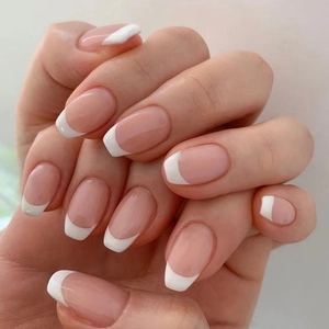 French Tip Press On Nails Short Ballerina Glossy Nude White Fake Nails Full Cover Manicure For Women