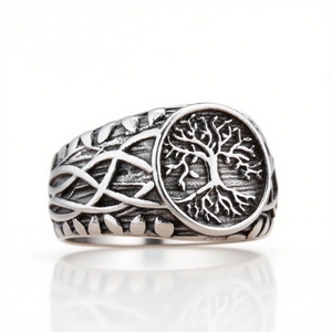 Vintage stainless steel Tree of Life ring with Celtic knot patterns on silver finish