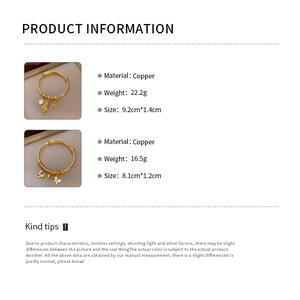 Detailed specifications showing gold copper bracelets with coin and butterfly charms
