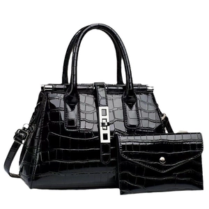 Glossy black crocodile pattern tote bag set with silver hardware and shoulder strap