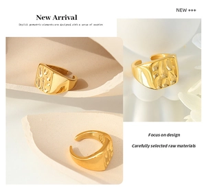Detailed views of a gold geometric signet ring with a unique textured square surface