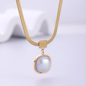 Elegant 18K Gold Plated Stainless Steel Pendant Necklace With Square Faux Mother Of Artificial Pearl And Love Engraved Snake Chain