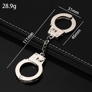 Miniature metal handcuffs keychain with dimensions 111x31mm and weight of 28.9g