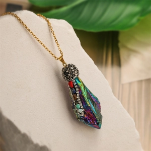Rainbow crystal pendant necklace with gold chain and rhinestone cap on stone