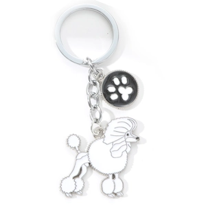 Metal poodle keychain with white enamel charm and black paw print pendant gift