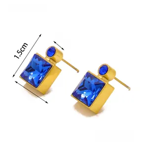 Detailed size view of square blue crystal earrings with dimensions in gold finish