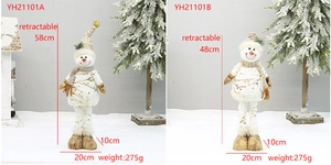 Detail of two retractable Christmas plush snowmen with printed fabric and telescopic legs