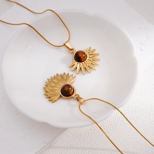 Bohemian gold sunflower necklace with tiger eye stone pendant on sleek snake chain