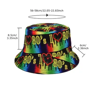Size chart showing circumference 56-58cm and height of the 80s neon music bucket hat