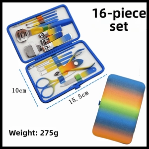 Detailed view of 16-piece rainbow stainless steel nail care set with storage case