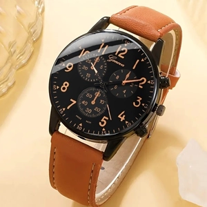 Close-up of Geneva men's watch with black dial, sub-dials and brown leather strap