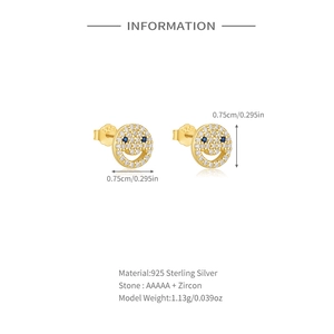 Detail of S925 sterling silver smiley face stud earrings with AAAAA zircon and dimensions