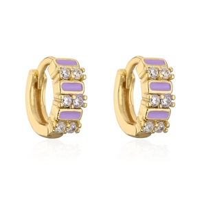 Detail of gold hoop earrings with purple enamel rectangles and clear zircon stones