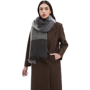 Classic oversized checkered scarf for women with warm multicolor patchwork and fringe detail