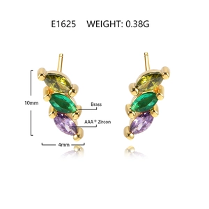 Detailed size and weight view of brass stud earrings with AAA+ zircon in three colors