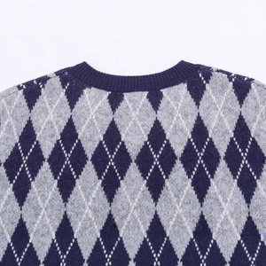 Navy and grey argyle pattern knit sweater with ribbed crew neck and soft texture