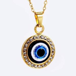 Collier Pendentif Œil Maléfique en Acier Inoxydable Plaqué Or 18K Avec Strass Bijoux en Acier Titane Œil Bleu Turc pour Femmes
