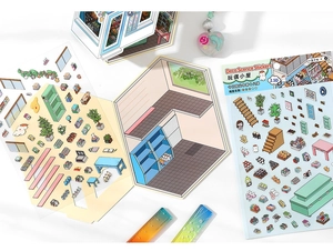 DIY 2.5D miniature dollhouse sticker set with 3D furniture scenery for scrapbooking