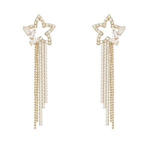 Elegant gold geometric tassel earrings featuring rhinestone star charms and long drapes