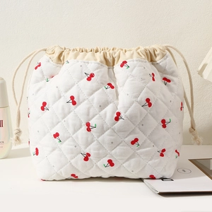 Quilted cosmetic bag with cute cherry print, portable travel pouch and storage organizer.