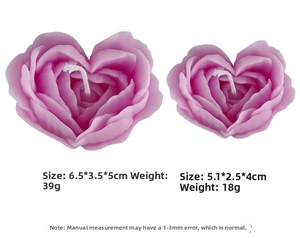 Detailed size chart showing flower candle dimensions 6.5x3.5x5cm and 5.1x2.5x4cm
