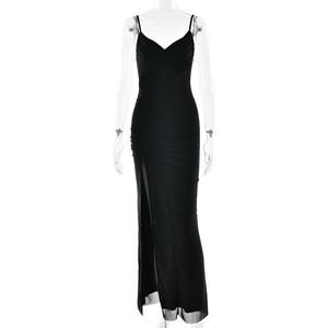 Elegant black ruched maxi dress with V-neck, high side slit, and sleek spaghetti straps