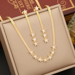 Star Charm Stainless Steel Gold Plated Snake Chain Necklace Earrings Bracelet Elegant Shell Inlay Women Jewelry
