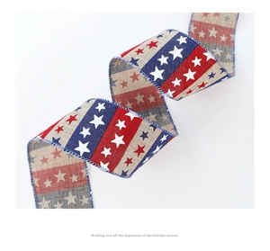 Detail of faux linen ribbon with patriotic star and stripe patterns for holiday decor