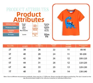 Detailed size guide for orange toddler T-shirt with dinosaur embroidery features measurements