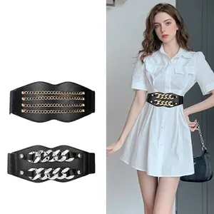 Women Wide Corset Belt Pu Leather Elastic Waistband Metal Chain Decoration Vintage Punk Style Body Shaper For Dress Shirt