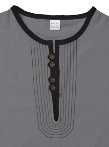 Detailed view of grey linen polo shirt collar with brown buttons and texture fabric